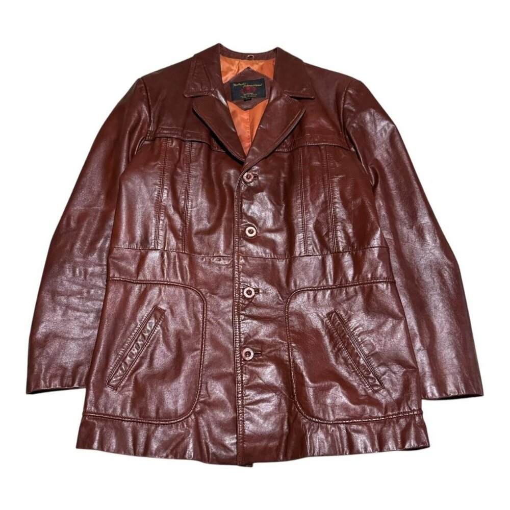 Fantastic International Men's Leather Jacket Size 40 Brown Lined Pockets Vintage